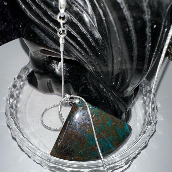 Azurite Fan Pendant Natural Stone Sterling Silver 925 Necklace 18โ - Picture 3 of 7